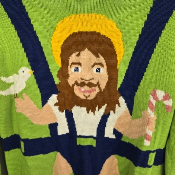 TIPSY ELVES Funny Knit Sweater Green Navy Mens Size S - Picture 2 of 10